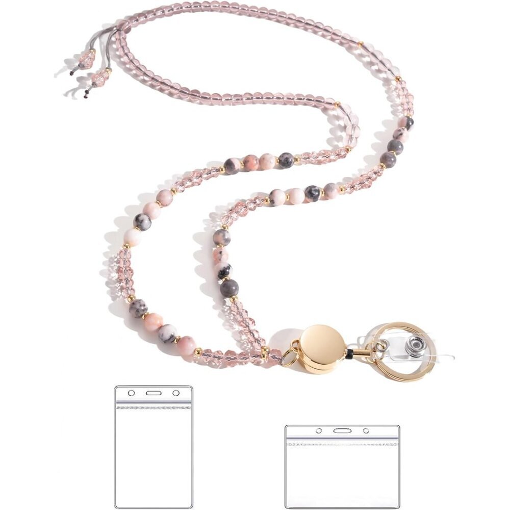 Elegant Pink Zebra Stone Lanyard – Retractable ID Holder for Teachers and Women